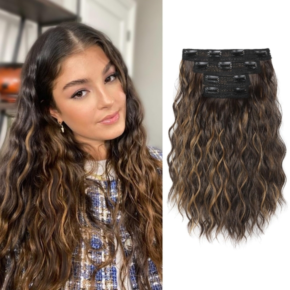Other - REECHO 4PCS 14” Wavy Clip-In Hair Extensions – Dark Brown with Highlights